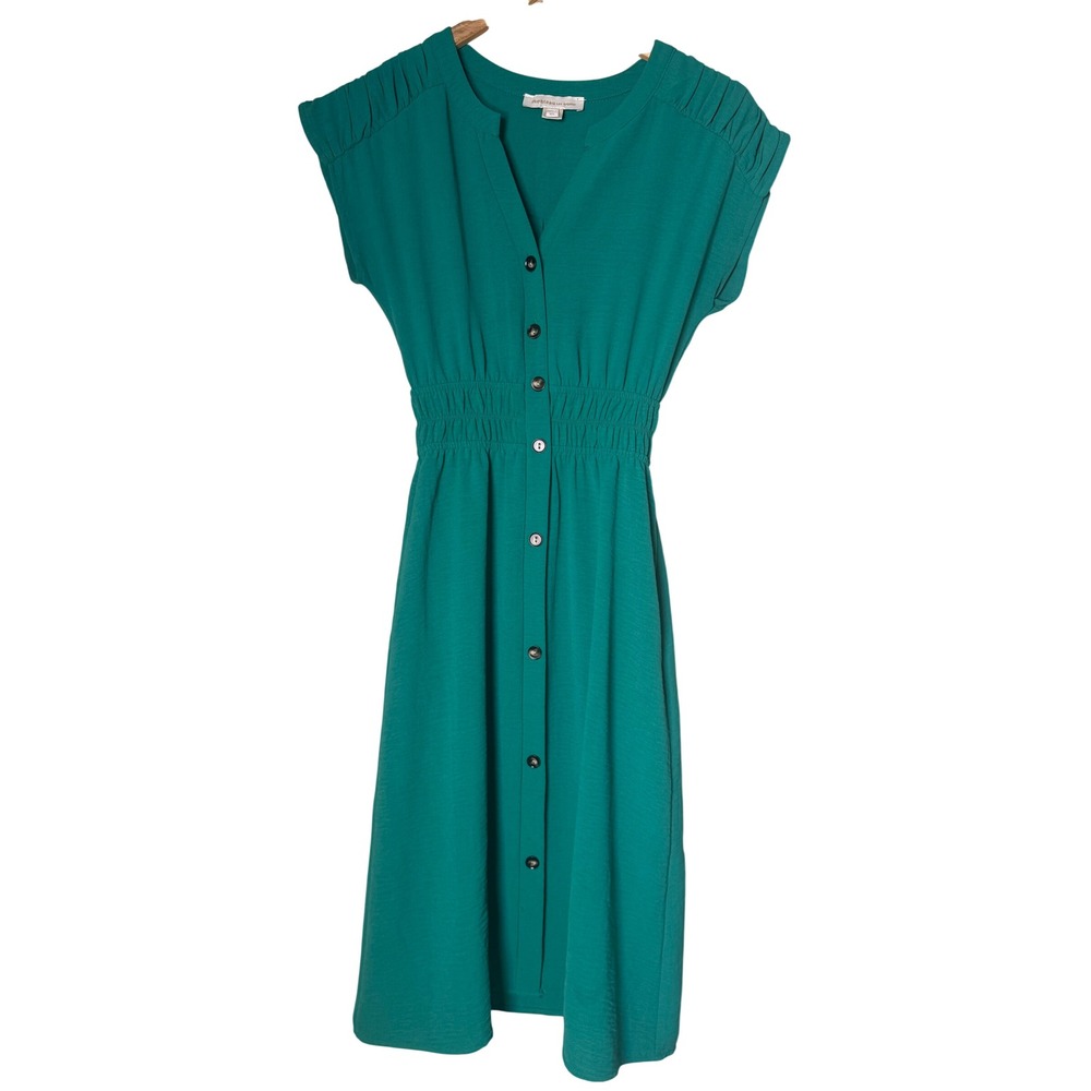 Monteau Los‎ Angeles Teal Green Smocked Waist Button Front Midi Dress Womens XS